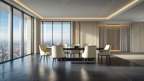 Fototapeta Modern Executive Conference Room: The elegant boardroom is bathed in natural light, offering panoramic cityscape views through expansive windows.