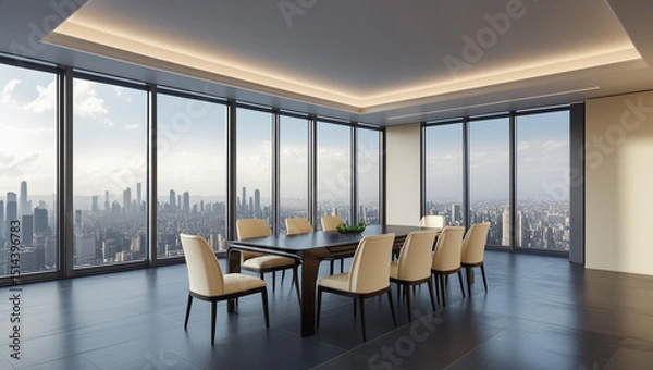 Fototapeta Elegant Business Meeting Room with City View: A sophisticated, light-filled conference room with a dark wooden table, cream-colored chairs, and floor-to-ceiling windows framing a vast cityscape.