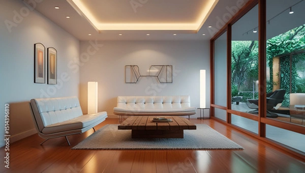 Fototapeta Serene Living Room:  An inviting modern living room, bathed in soft, ambient lighting, with a minimalist design, a large window offering views of a serene outdoor landscape.
