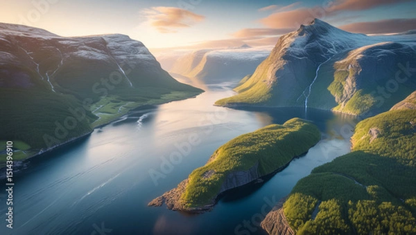 Fototapeta Aerial view of a scenic mountain lake at sunset with reflections and surrounding natural landscape