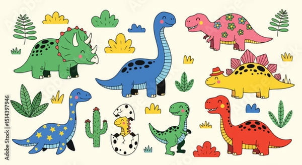 Fototapeta Adobe Illustrator Artwork Set of Adorable cartoon dinosaur collection with various species and playful expressions, surrounded by cheerful plants. Perfect for children's designs and prehistoric themes