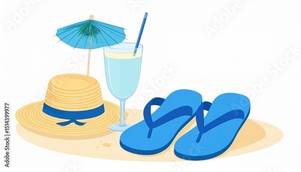 Obraz ＜夏＞麦わら帽子とビーチサンダル＆トロピカルドリンク