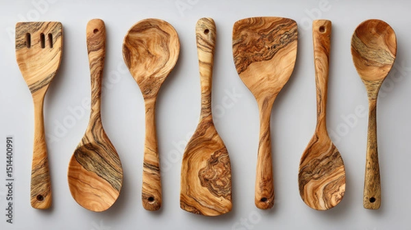 Fototapeta Set of seven handcrafted wooden kitchen utensils including a fork spoon spreader and spatula made from natural wood with visible grain textures on a white background