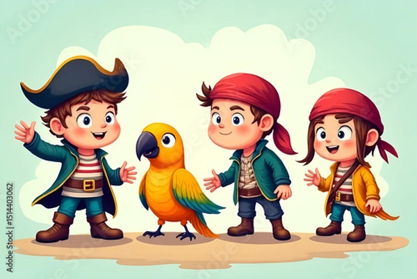 Obraz Talk Like a Pirate Day (Sept 19) cartoon pirates celebrating with parrots, pastel minimalistic illustration style, flat design elements, cheerful mood, soft shadows