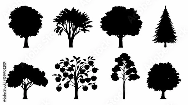 Fototapeta Silhouette illustration showing eight different types of trees including an apple tree on a white background |eps vectors set