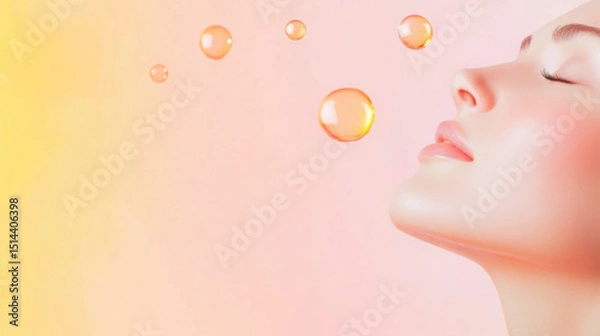 Fototapeta Serene woman with glowing skin is surrounded by floating vitamin C molecules on radiant background, symbolizing freshness and vitality