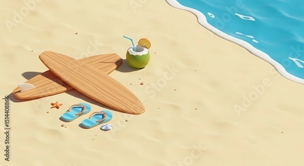 Fototapeta Summer Beach Scene: Surfboards, Coconut Drink, and Flip-Flops on Sandy Shore