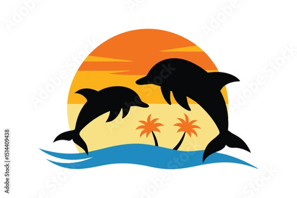 Obraz Two dolphins jumping over ocean waves at sunset vector illustration