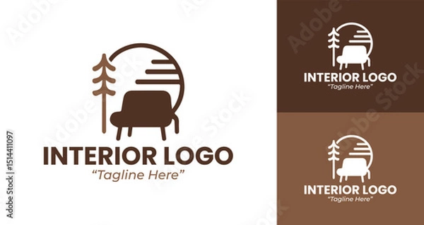 Fototapeta Modern and Minimalist Interior Design Logo with Sofa and Nature Elements in Brown Color