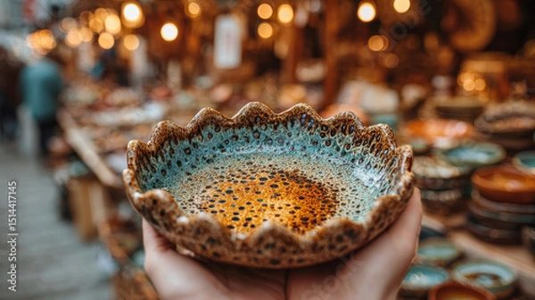 Fototapeta Hand holding a rustic handmade ceramic bowl with textured glaze and artistic design, showcasing artisan craftsmanship in a lively pottery shop environment