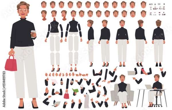 Fototapeta Business mature woman character constructor. CEO or entrepreneur. Set of different positions of arms legs body and head for creating animation