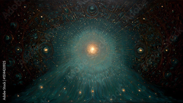 Obraz interior art for spiritual healing book | universal consciousness | transcendent calm | emerald and topaz blend | radiant center alignment | cosmic wombs | radiant drapery detailing | hatching glow |