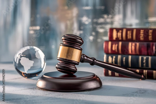 Fototapeta A close up view of a wooden gavel resting on a stand, alongside a glass world globe and a stack of law books.