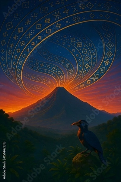 Obraz Illustration of Mount Rinjani in West Nusa Tenggara at golden hour. The sky is illuminated by a digital Sasak Weaving Aurora 