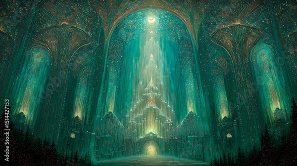 Obraz book cover for esoteric fiction | initiation through light | divine serenity | emerald and topaz blend | vertical transcendence | crystalline temples | radiant drapery detailing | hatching glow |