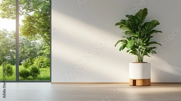 Obraz Bright modern interior with large window overlooking lush green trees and a stylish potted plant on a sunny day