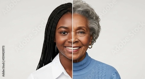 Obraz A split image showing a black african american woman with half the face young and the other half an old senior woman, age comparison, before and after, elderly, youth, mature, face, contrast, concept,