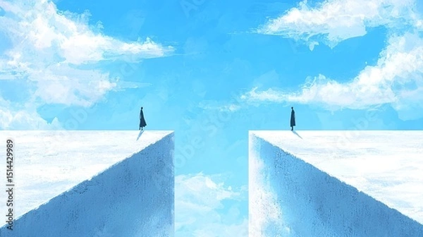 Fototapeta Two Figures Walking Parallel Paths on Blue Sky Cliffs