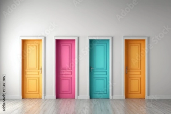 Fototapeta Four vibrant and colorful doors stand side by side, creating a whimsical and inviting choice.