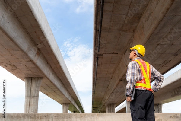 Fototapeta An engineer, wearing a protective helmet and safety vest, inspects the structural integrity of a concrete overpass against a clear, bright sky.