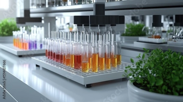 Obraz Laboratory scene with multiple test tubes filled with orange liquid on white rack in modern science lab setting