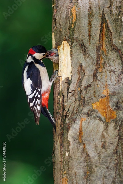 Obraz Great spotted woodpecker (Dendrocopos major) feeding chick at nest hole in tree, close-up, vibrant plumage, spring, parenting, wildlife, forest, nature, caring moment, green background.