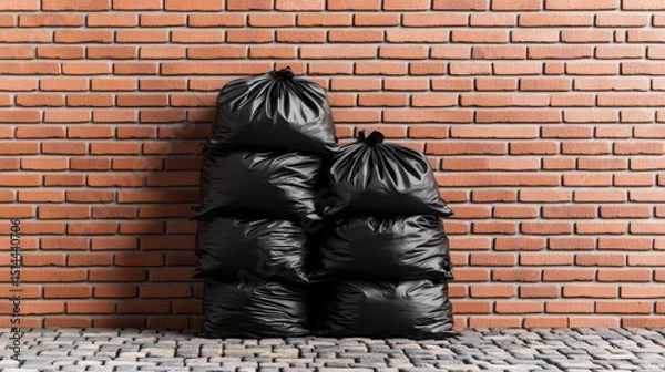 Obraz A Stack of Five Large Black Garbage Bags Filled with Trash Leaning Against a Red Brick Wall Outdoor Scene
