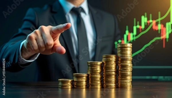 Fototapeta An elegant businessman with a sharp suit, pointing to a rising stack of gold coins against the backdrop of a financial growth chart. A symbol of prosperity and wealth creation.