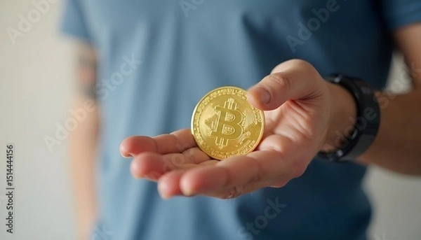 Fototapeta A person holding a symbolic Bitcoin coin in hand, representing digital currency, investment, and financial technology, showcasing innovation and the future of finance.