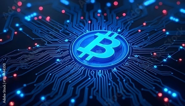 Obraz Bitcoin symbol glowing on a circuit board, signifying the digital currency's technological foundation and global reach.