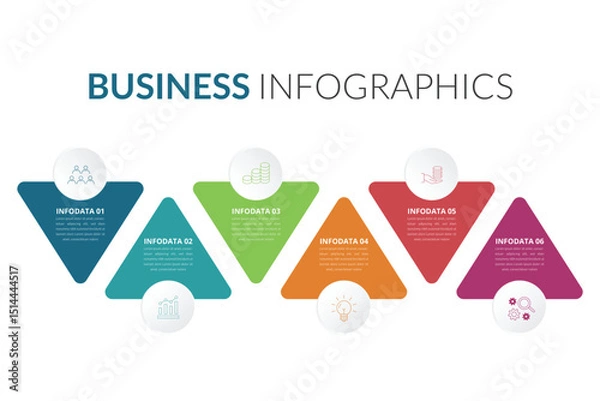 Fototapeta Infographic template of triangular elements. Business concept with 6 options, steps, parts, segments. Vector banner for web, timeline infographics, workflow layout, diagram, chart, annual report