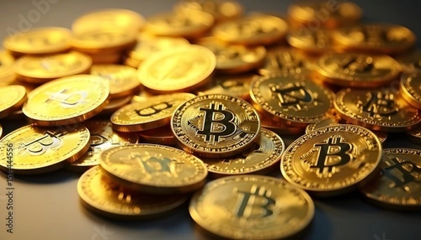 Fototapeta A close-up shot of a gleaming golden Bitcoin coins illustrates the concepts of virtual currency and digital wealth. The intricate details and luminous appearance add visual interest.