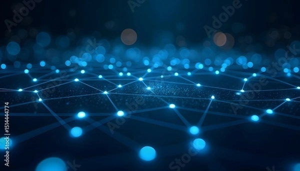 Fototapeta A futuristic network of interconnected nodes pulses with digital energy, simulating complex data flow. The glowing links suggest connections, communication and the ever-evolving digital landscape.
