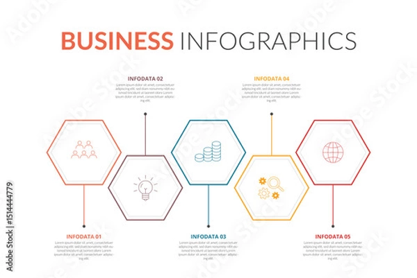 Fototapeta 5 steps infographic hexagon elements with line design template. Business presentation, Planning, Workflow, Marketing, Brochure and Banner. Vector illustration.