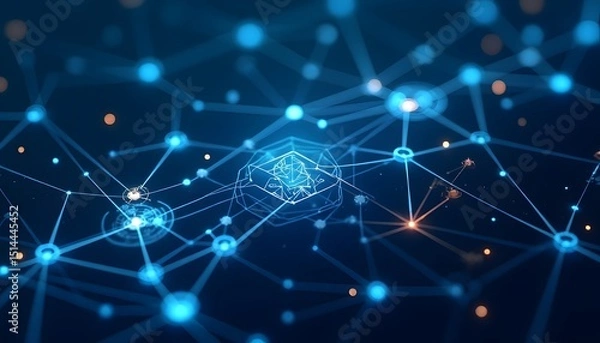 Fototapeta Futuristic Tech Node Network Visualization with a glowing node network against a deep blue background, radiating a sense of interconnectedness and innovation.