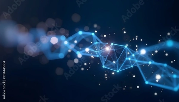 Fototapeta A dynamic digital network pulses with interconnected data points. An abstract geometric structure glows, creating a sense of futuristic technological innovation.