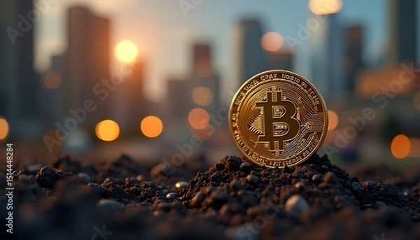 Fototapeta A glimmering Bitcoin coin is set on a small pile of soil, against the backdrop of a bustling cityscape at dusk, symbolizing the potential of digital currency in a rapidly evolving financial landscape.