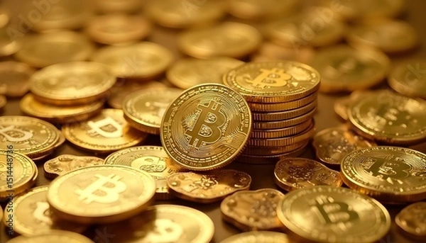 Fototapeta Digital gold rush, the photograph captures the allure and promise of Bitcoin and cryptocurrencies. showcasing a wealth of virtual currency as a symbol of the evolving financial landscape.