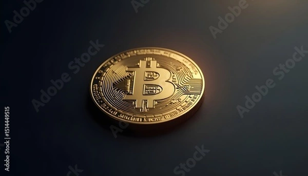 Fototapeta A solitary golden Bitcoin coin glints against a dark background, symbolizing the future of finance in a digital world. This image evokes concepts of cryptocurrency and decentralized finance.