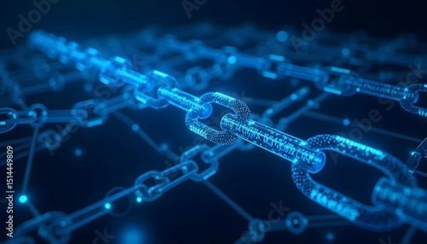 Fototapeta A high-tech blockchain network illuminated in an electric blue glow, symbolizing interconnectedness and digital security. the image captures a futuristic essence.