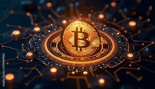 Fototapeta Illuminating the innovative spirit of digital finance: a luminous Bitcoin symbol glitters at the heart of a complex circuit board. Capturing the very essence of financial technology, innovation.