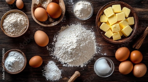 Obraz Baking memories with love ingredients for a classic cake eggs flour butter on a wooden table top with warm inviting and