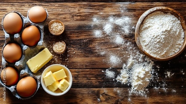 Obraz Baking essentials laid out for a morning of culinary creativity flour dust dances in the light captured in warm tones on