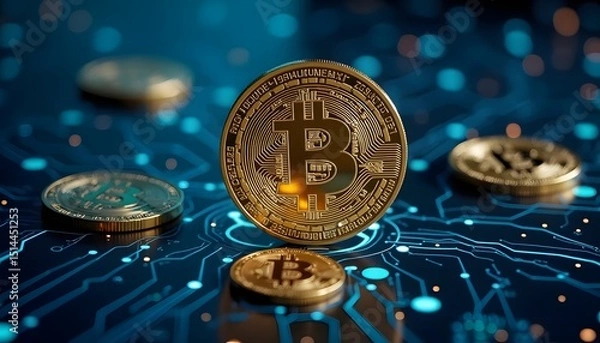Fototapeta A cluster of Bitcoin digital currency coins gleams in the light, set against a complex circuit board, embodying the futuristic nature of digital finance.