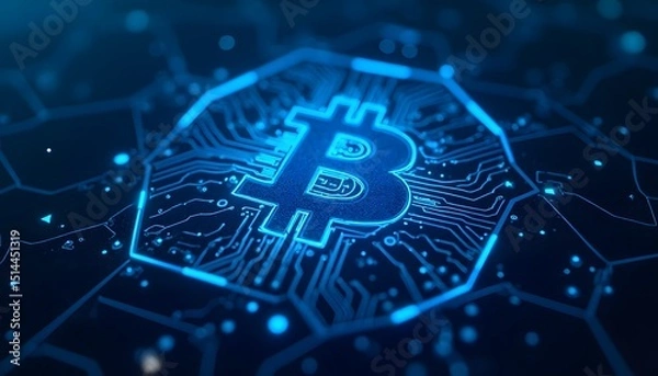 Fototapeta The Bitcoin logo shines with digital brilliance, reflecting the dynamic world of cryptocurrency and blockchain technology. The image encapsulates the future of finance.