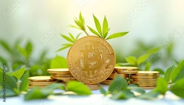 Fototapeta Bitcoin cryptocurrency coin with green leaves, symbolizes growth and investment in digital currency.