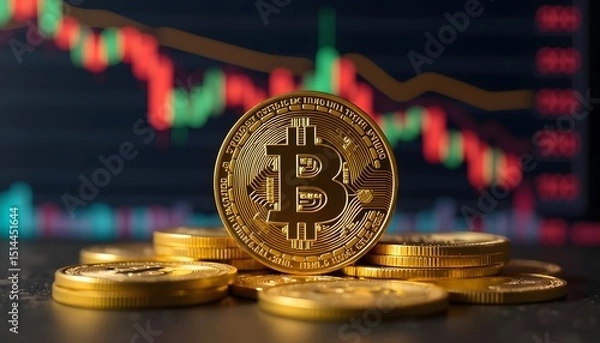 Fototapeta A golden Bitcoin coin sits atop a pile of coins in the foreground, with a stock chart depicting a falling market in the background, suggesting investment losses and volatility.
