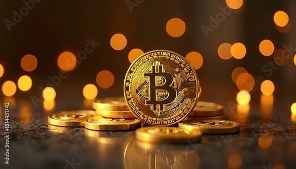 Fototapeta A Bitcoin, bathed in a golden glow, rests atop a cluster of other virtual coins on a sleek, reflective surface, capturing the essence of digital finance and financial technology.
