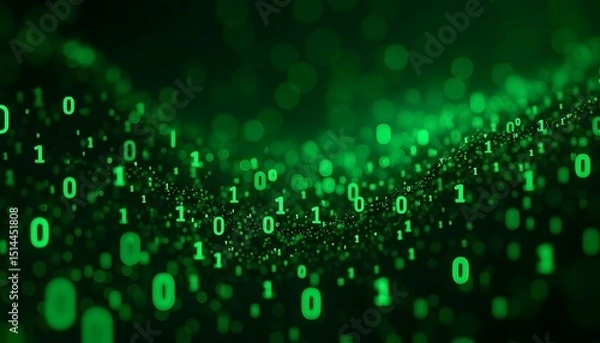 Fototapeta The vibrant emerald glow of binary code dances across a dark backdrop, evoking the dynamic essence of digital technology. Capturing the fluidity and interconnectedness of data.