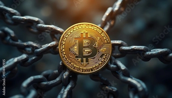 Fototapeta Bitcoin trapped in chains, symbolizes the challenges and constraints of cryptocurrency regulation.